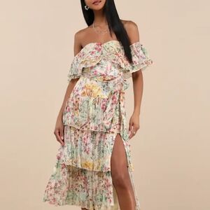 Lulu's Pastel Floral One-Shoulder Tiered Maxi Dress